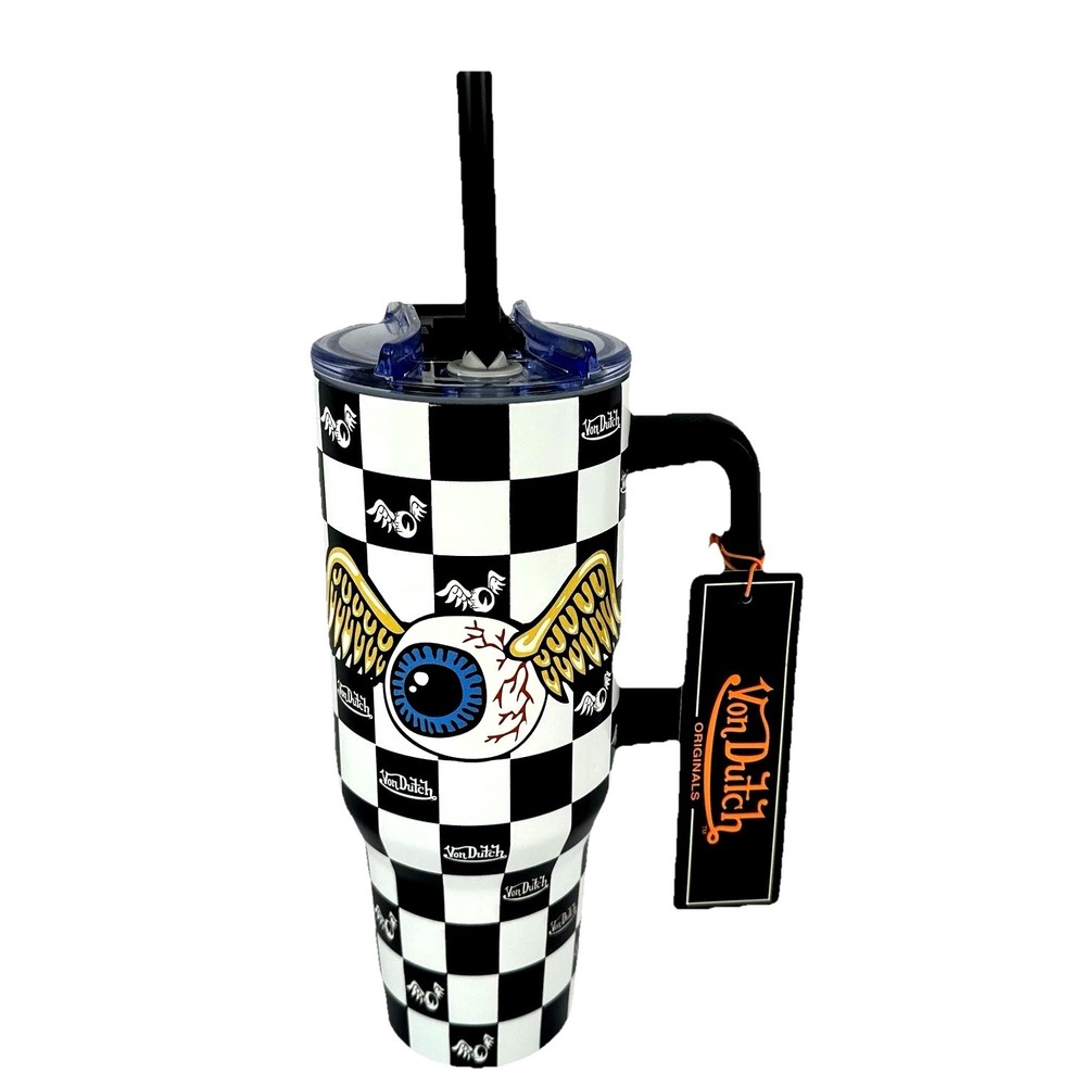 Von Dutch Checker Eyeball Wings 40 oz Tumbler With Handle Straw NWT
